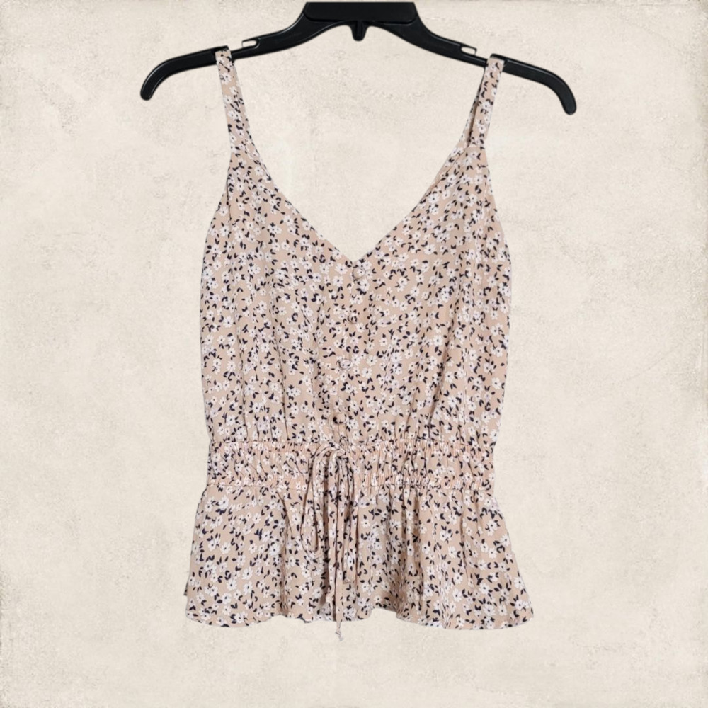 Sienna Sky Tan Boho Floral Top Faux Drawstring Waist Faux Front Buttons X-Small